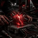 Mechanical heart being repaired with tools